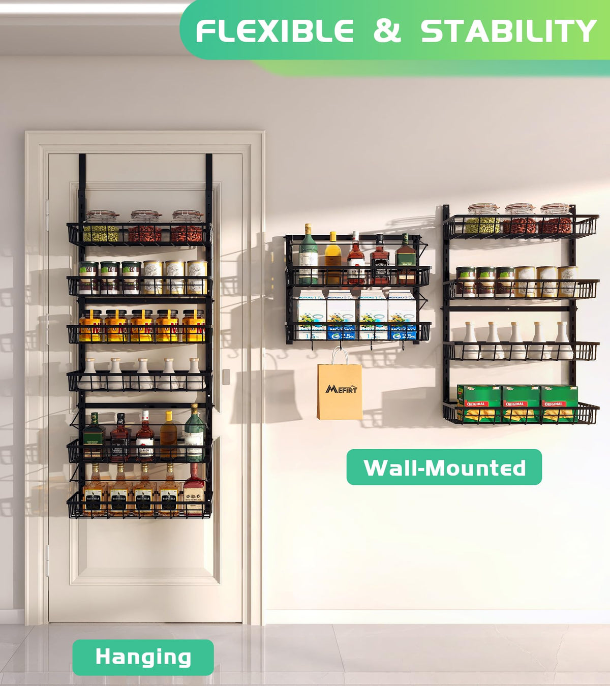 Mefirt adjustable baskets accommodate tall bottles and jars for flexible storage