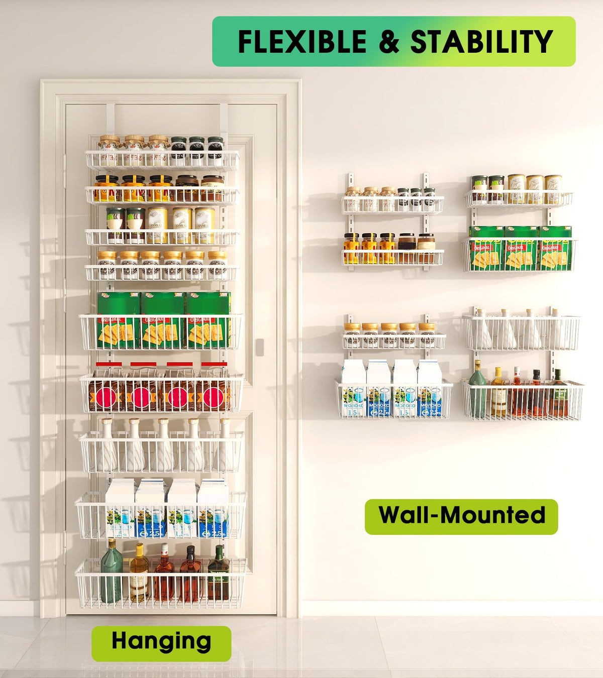 Mefirt adjustable baskets illustrate customizable storage for spices and snacks.