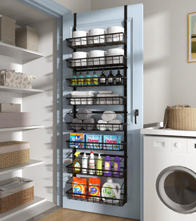 MeFirt black-finish pantry rack adds sleek storage to any room.