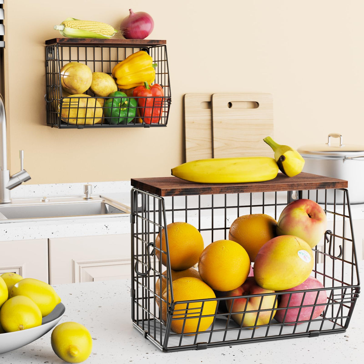 Mefirt carbon steel fruit basket offers sturdy, fade-resistant kitchen organization