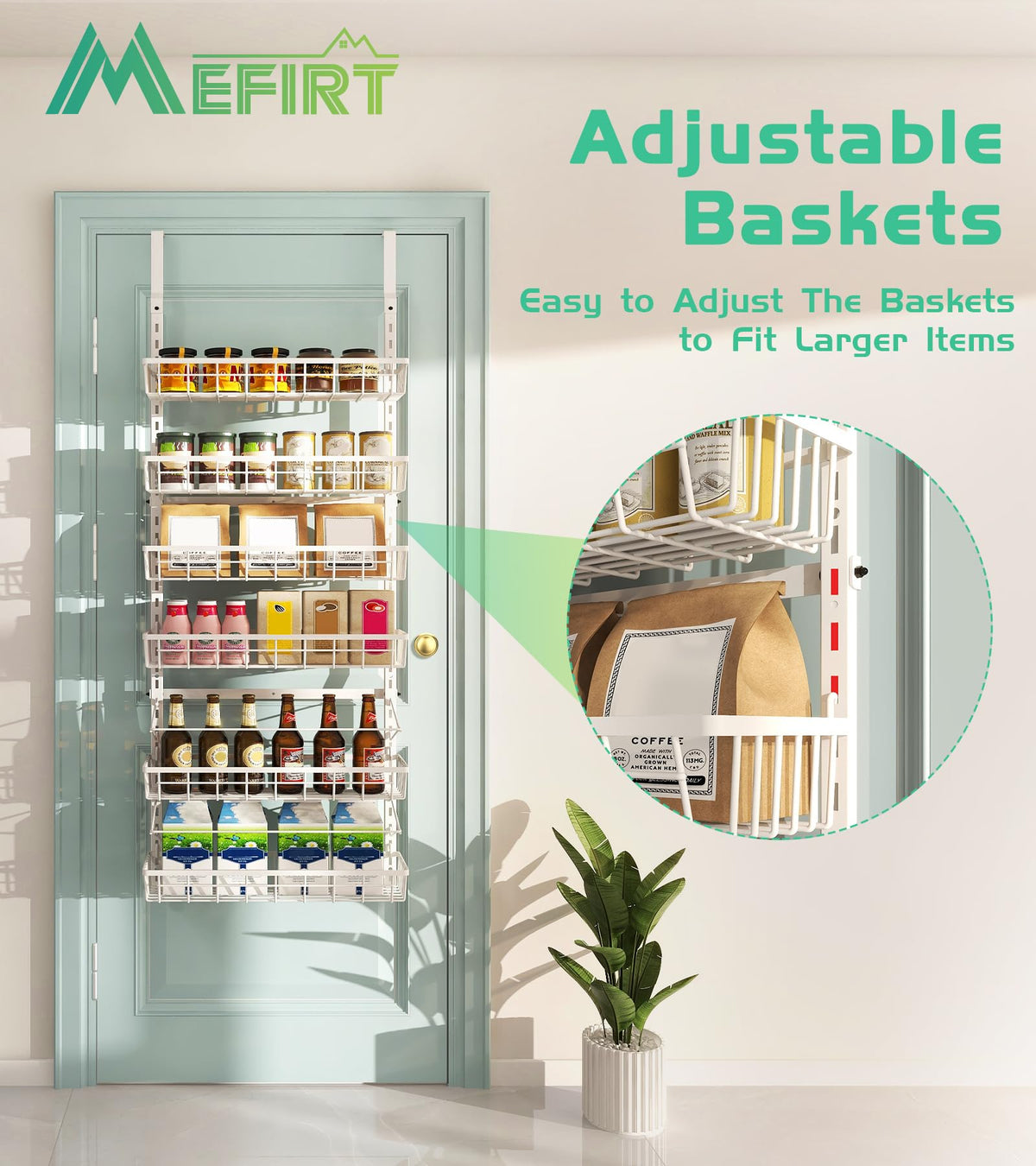 Six adjustable baskets from Mefirt provide flexible storage for jars and bottles.