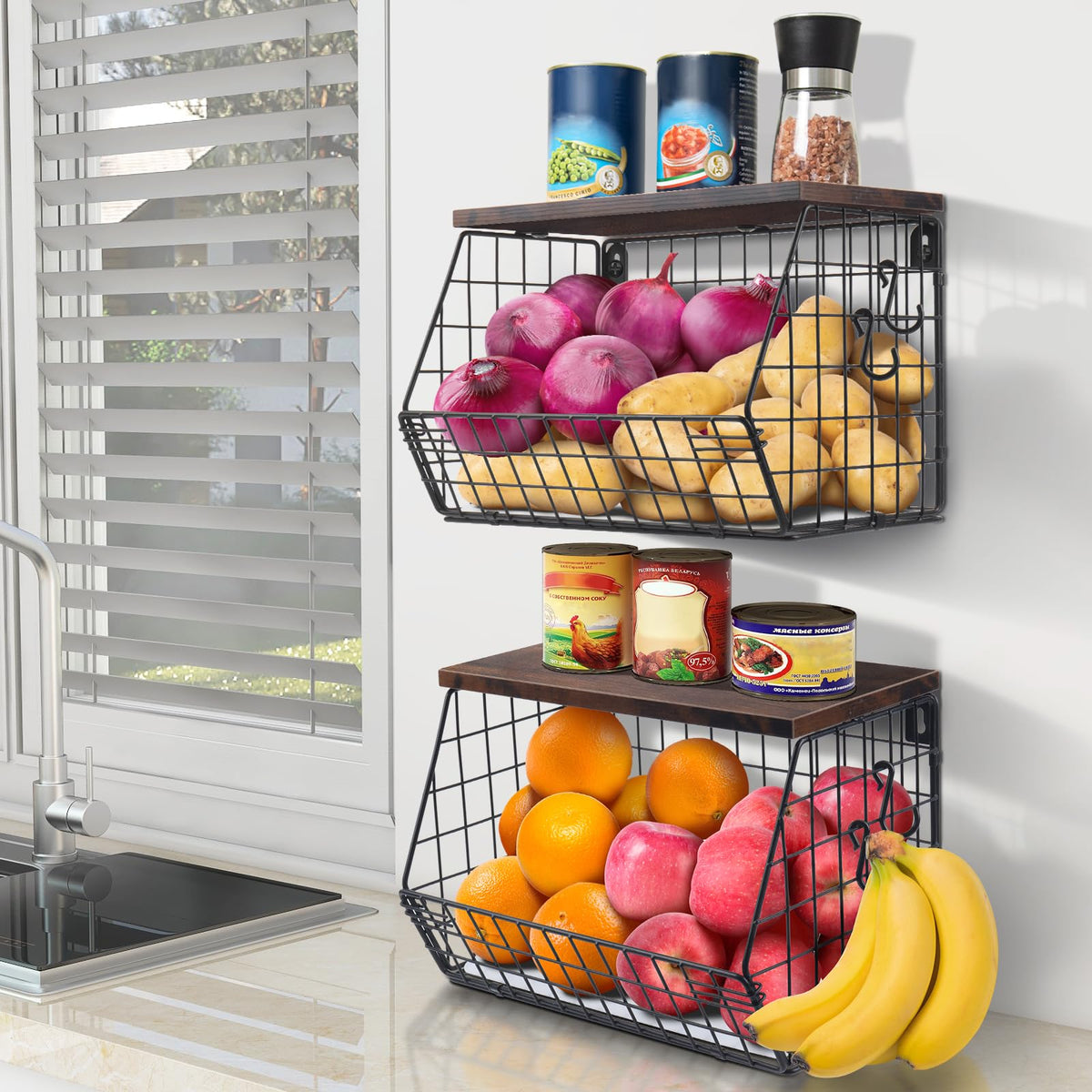 Mefirt large-capacity baskets organize cans, jars, and snacks