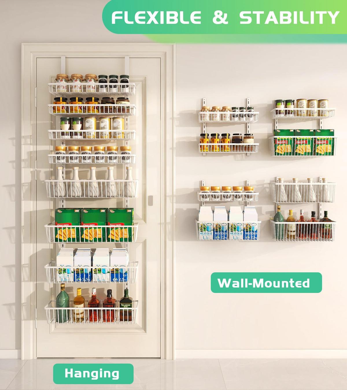 Mefirt multi-purpose door hanging organizer used in kitchen and bathroom settings.