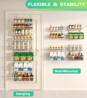 Mefirt multi-purpose door hanging organizer used in kitchen and bathroom settings.