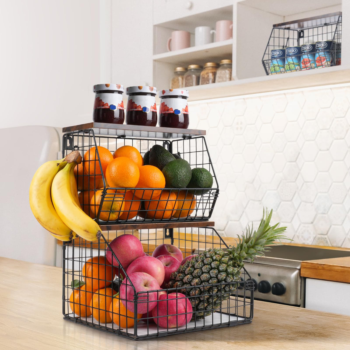 Mefirt multi-purpose storage basket for kitchen, bathroom, and office.