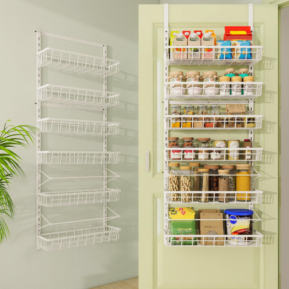 Mefirt over-the-door organizer with six baskets keeps kitchen items neatly organized.