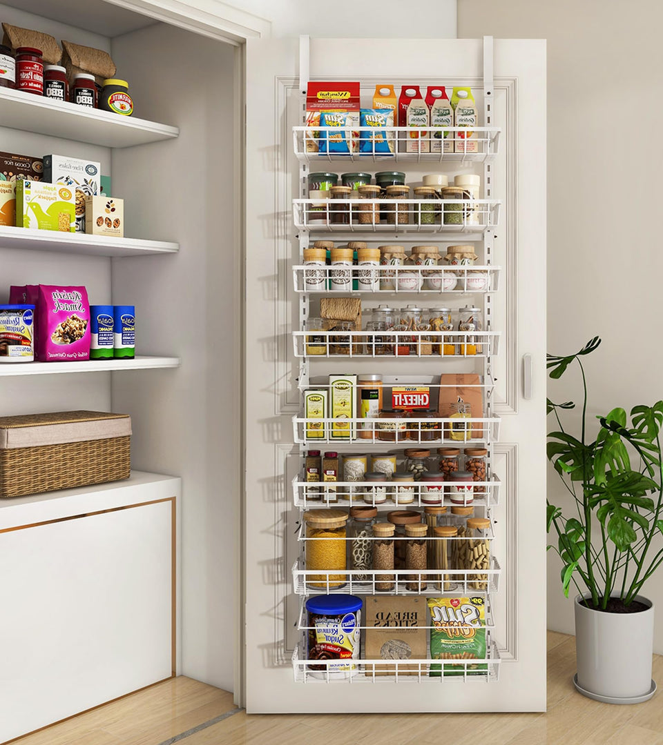MEFIRT over-the-door pantry organizer assembly view demonstrates space-saving storage potential.