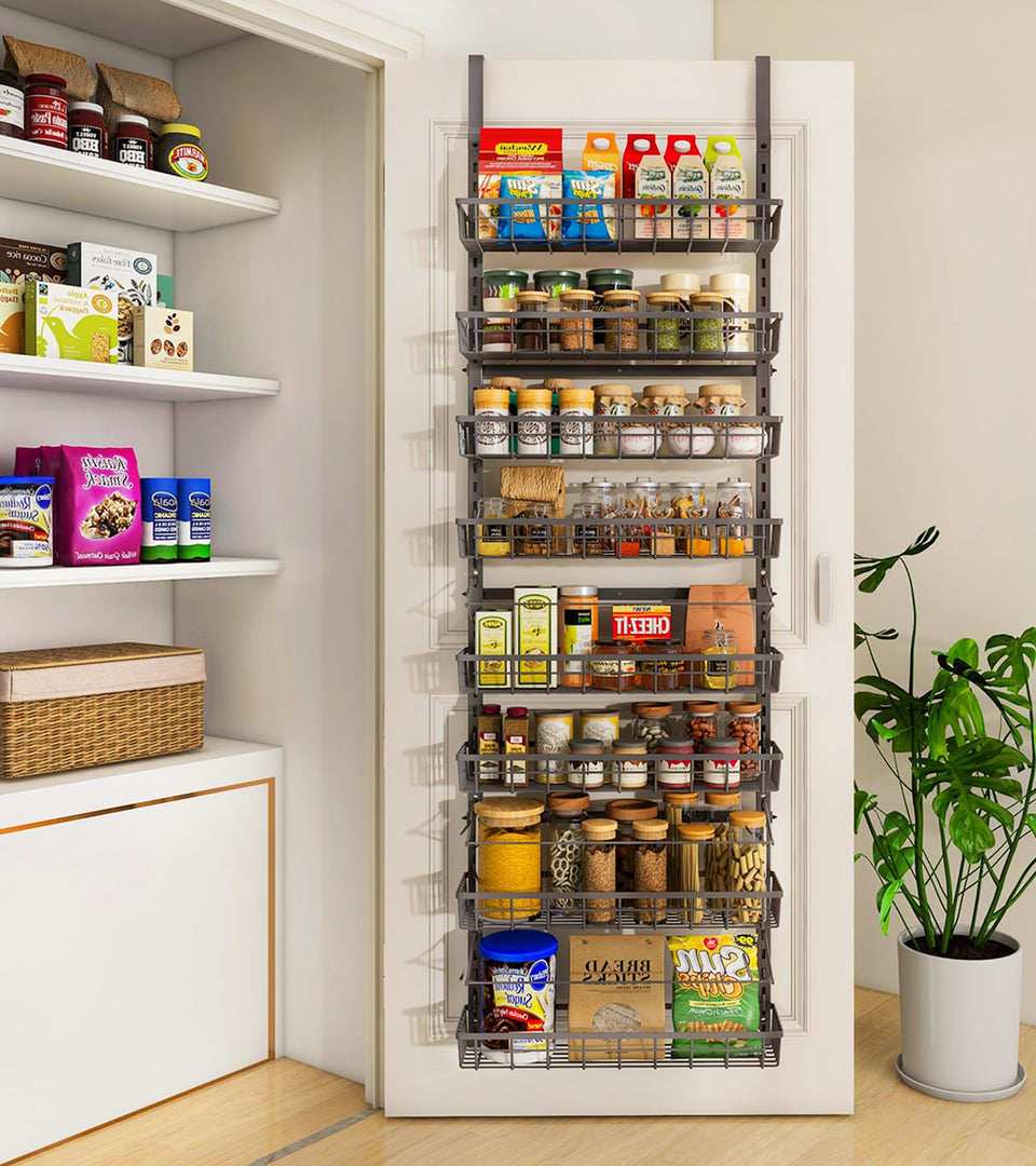 MeFirt over-the-door pantry organizer assembly demonstrates easy door mounting and tidy storage.