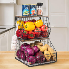 Mefirt stackable wall basket with wood lid for space-saving kitchen storage.