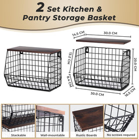 Mefirt wall-mount fruit basket with wood lid for compact kitchen storage