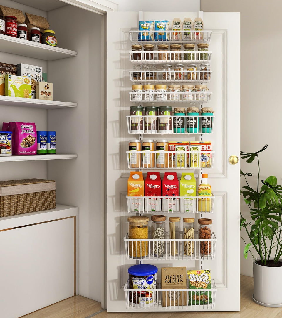 Mefirt 9-tier over-the-door pantry organizer with compact kitchen storage solution.