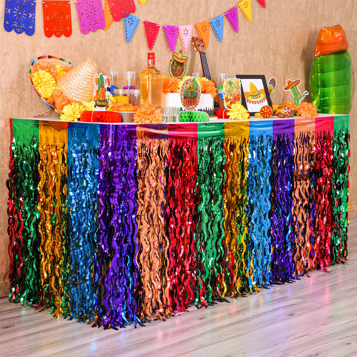 Mega-Loopolis Cinco de Mayo table skirt in red, green, yellow brightens fiesta tables.