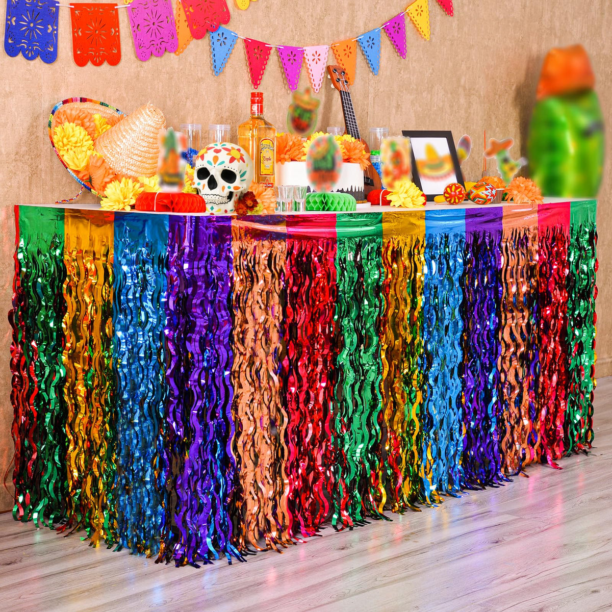 Mega-L Fiesta table skirt multi-color blends shimmer across tables for lively celebrations.