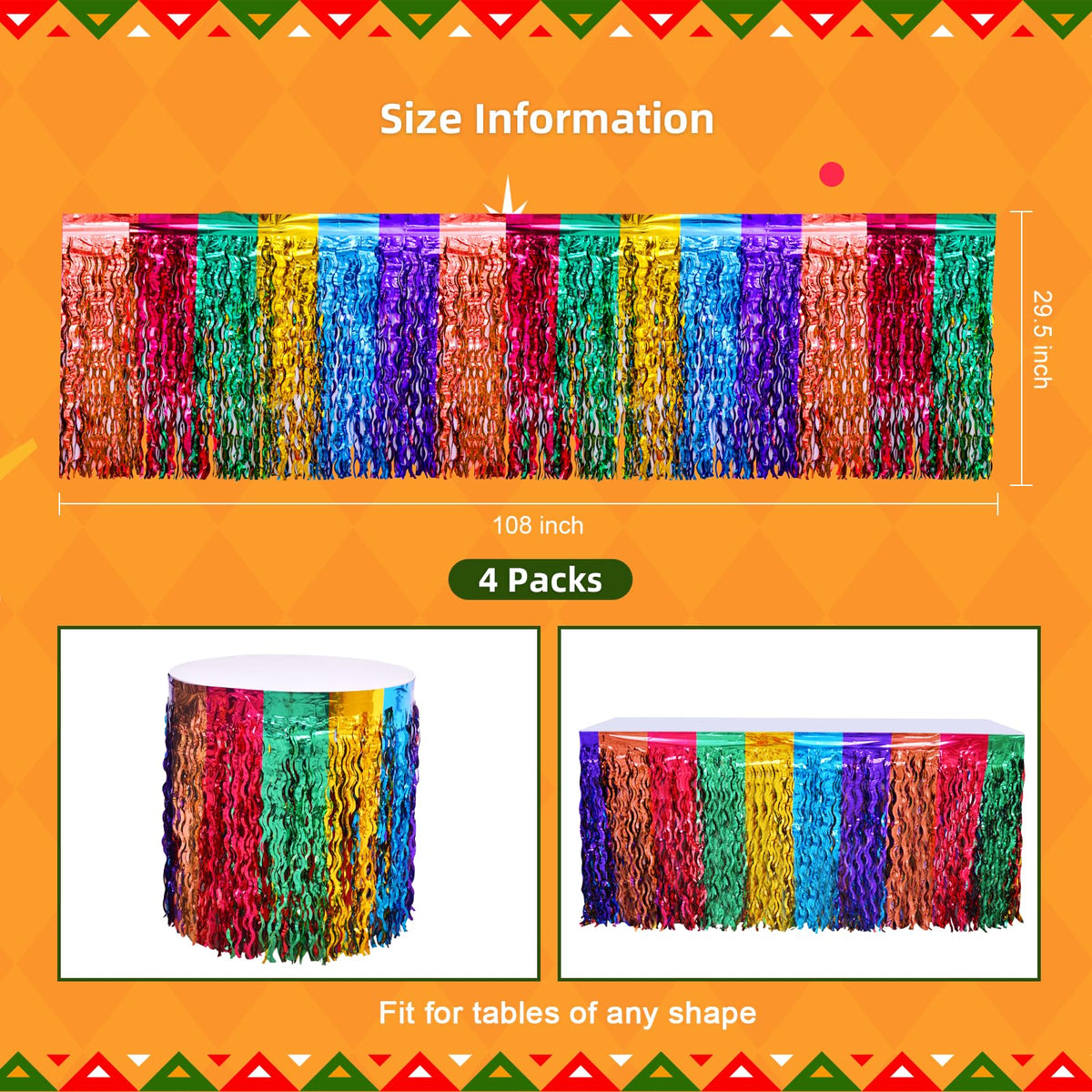 Mega-L Fiesta table skirt in purple adds bold color to Cinco de Mayo décor.
