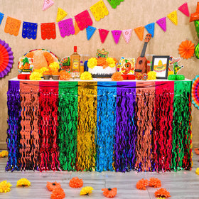 Mega-L Fiesta table skirt in red adds vibrant fiesta flair to any party setup.