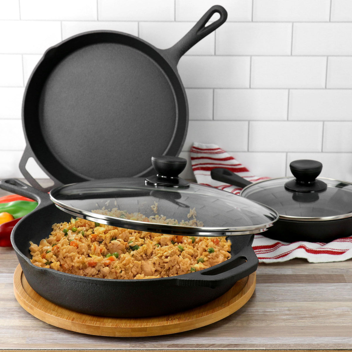 Megachef kitchen-view set showing durable cast iron in action.