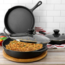 Megachef kitchen-view set showing durable cast iron in action.