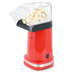 Megachef red popcorn popper front view highlights oil-free hot air popping for a light snack.