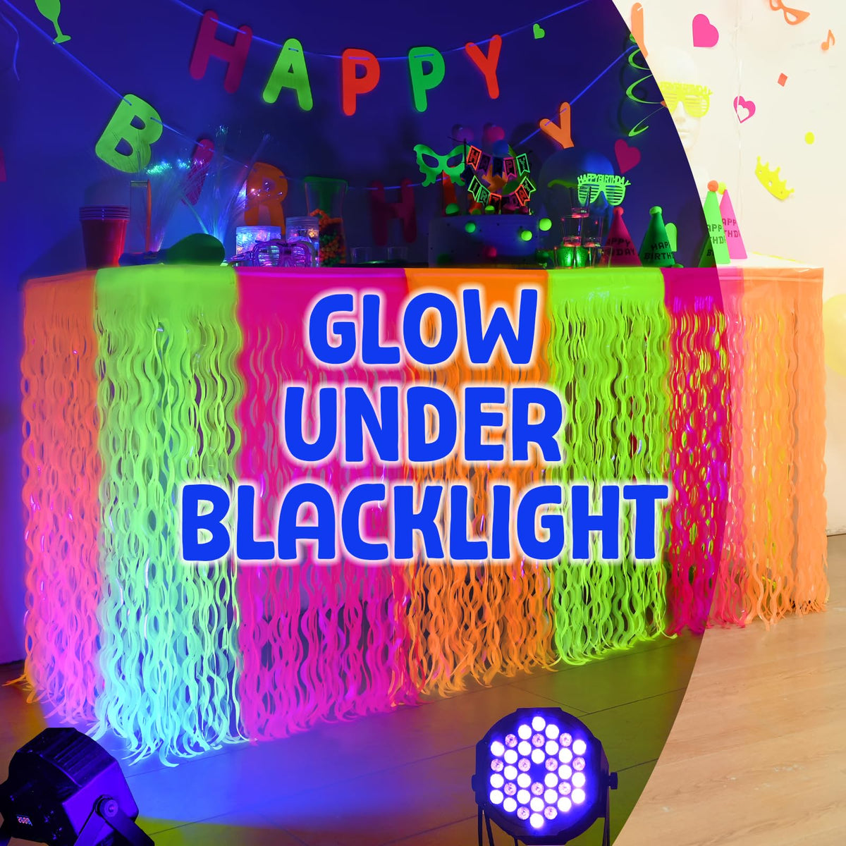 Mega-L Glow neon table skirt neatly arranged on a dining setup ready for guests.