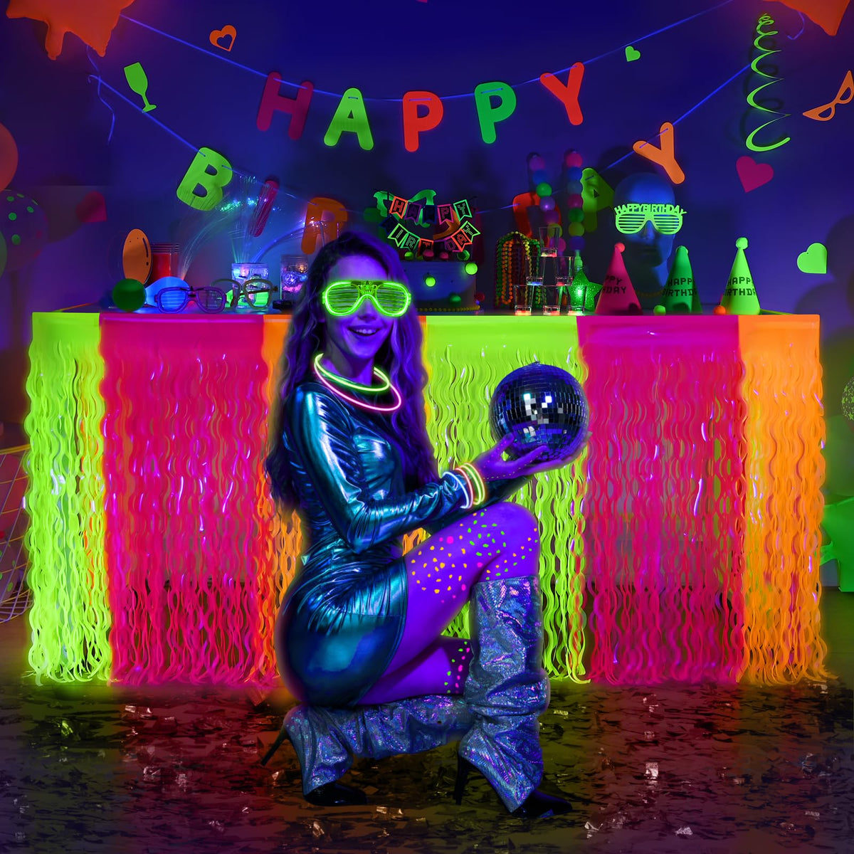 Mood shot of Mega-L Glow colors enhancing a glow party backdrop for photos.