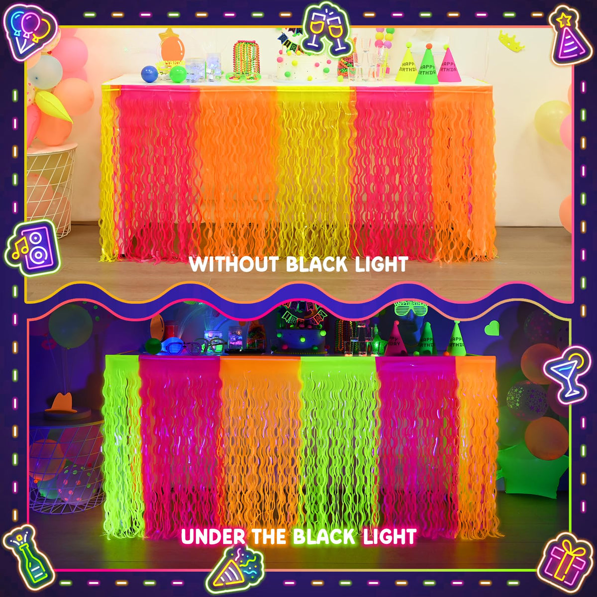 Mega-L Glow yellow-orange-pink fringe on a dessert table for vibrant contrast.