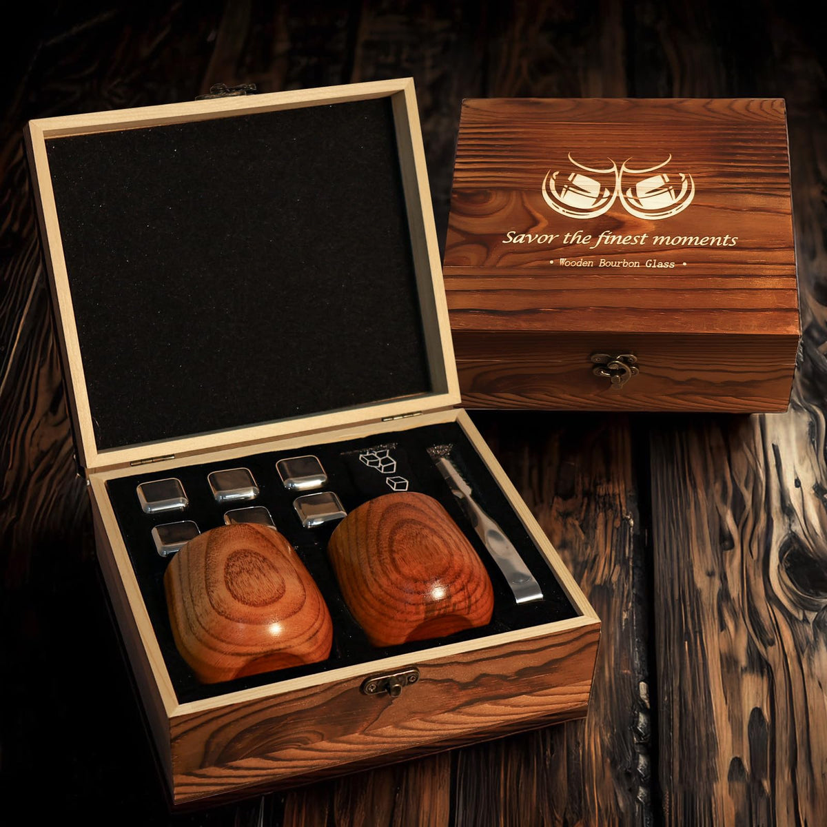 Megapuxin charred wooden bourbon glass durable for indoors and outdoors
