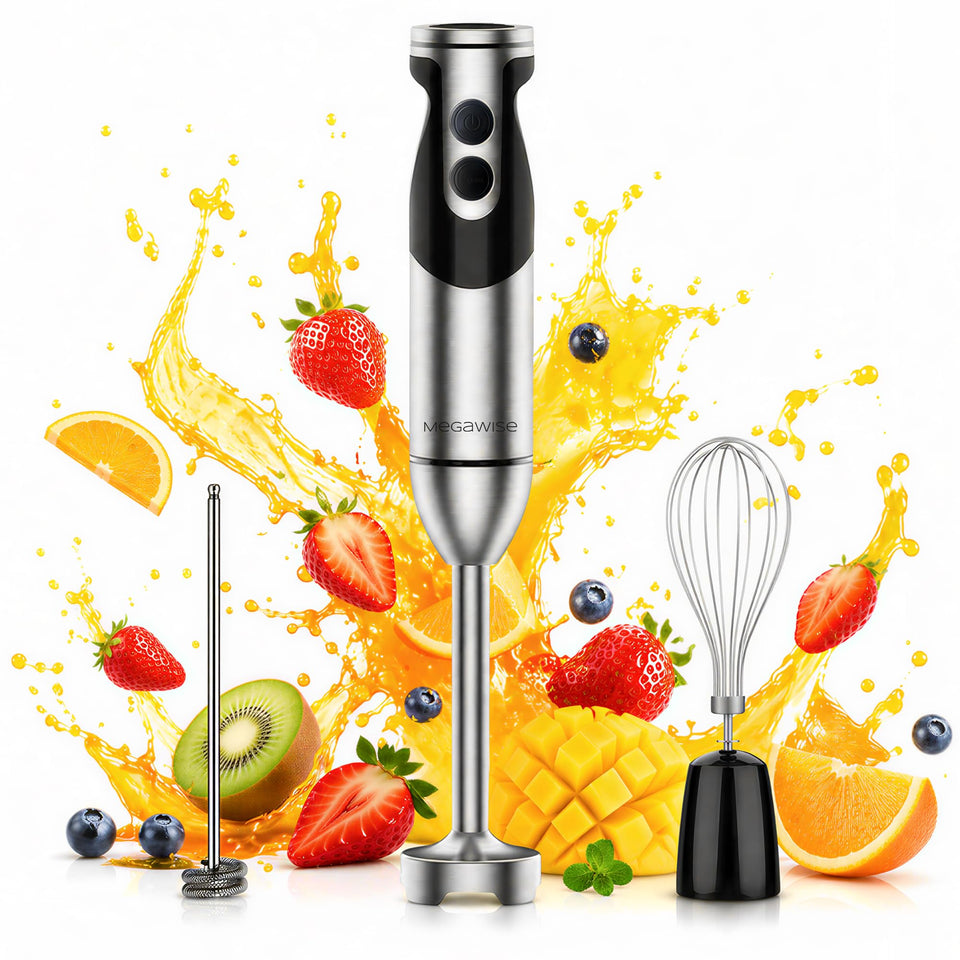 MEGAWISE 3-in-1 immersion blender shaft enables quick emulsions and smoothies.