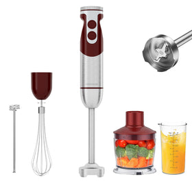 Megawise 5-in-1 immersion blender with red base for versatile blending and soups.