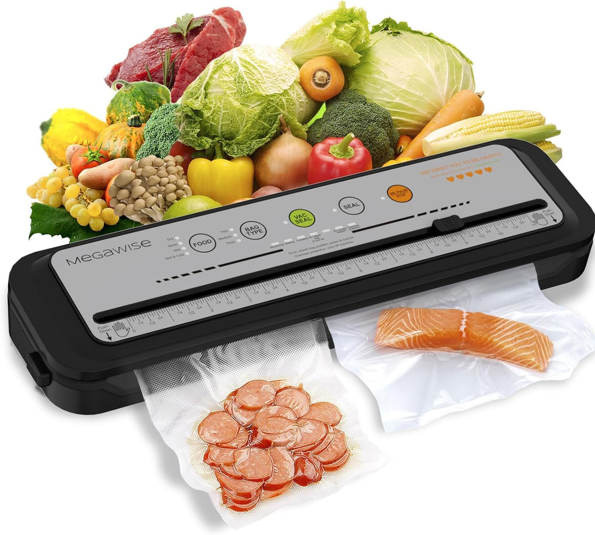 MEGAWISE compact front view vacuum sealer demonstrates space-saving design.