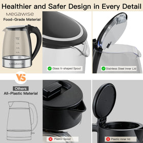 Megawise clear glass body allows easy water level checks.