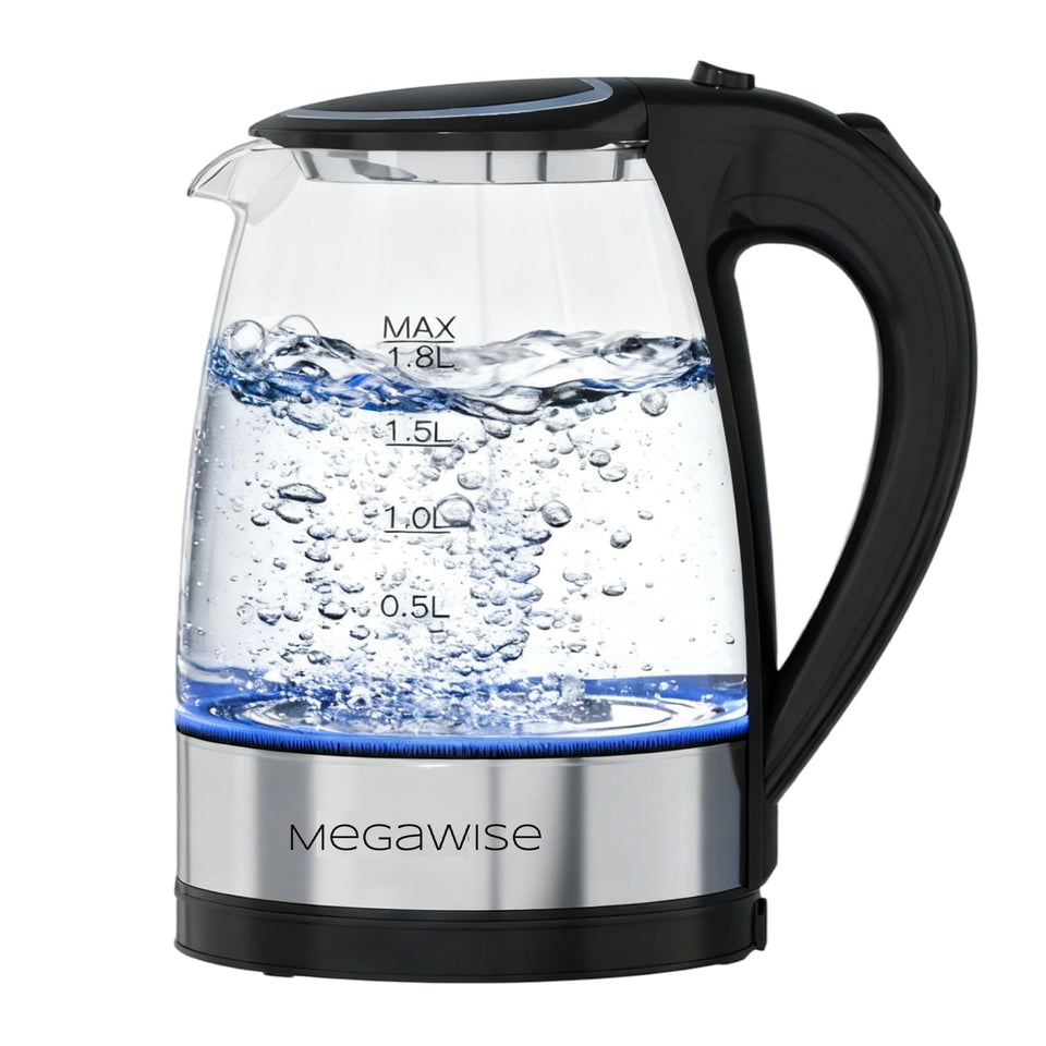 Megawise electric glass kettle lid open for easy refilling and cleaning.