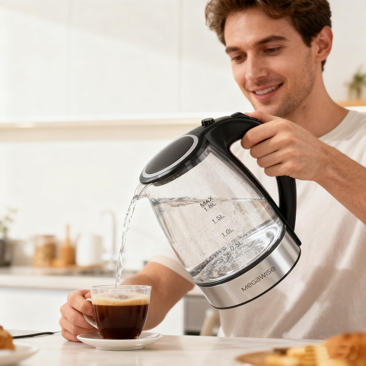 Megawise kettle with warranty card indicating dependable after-sales support.