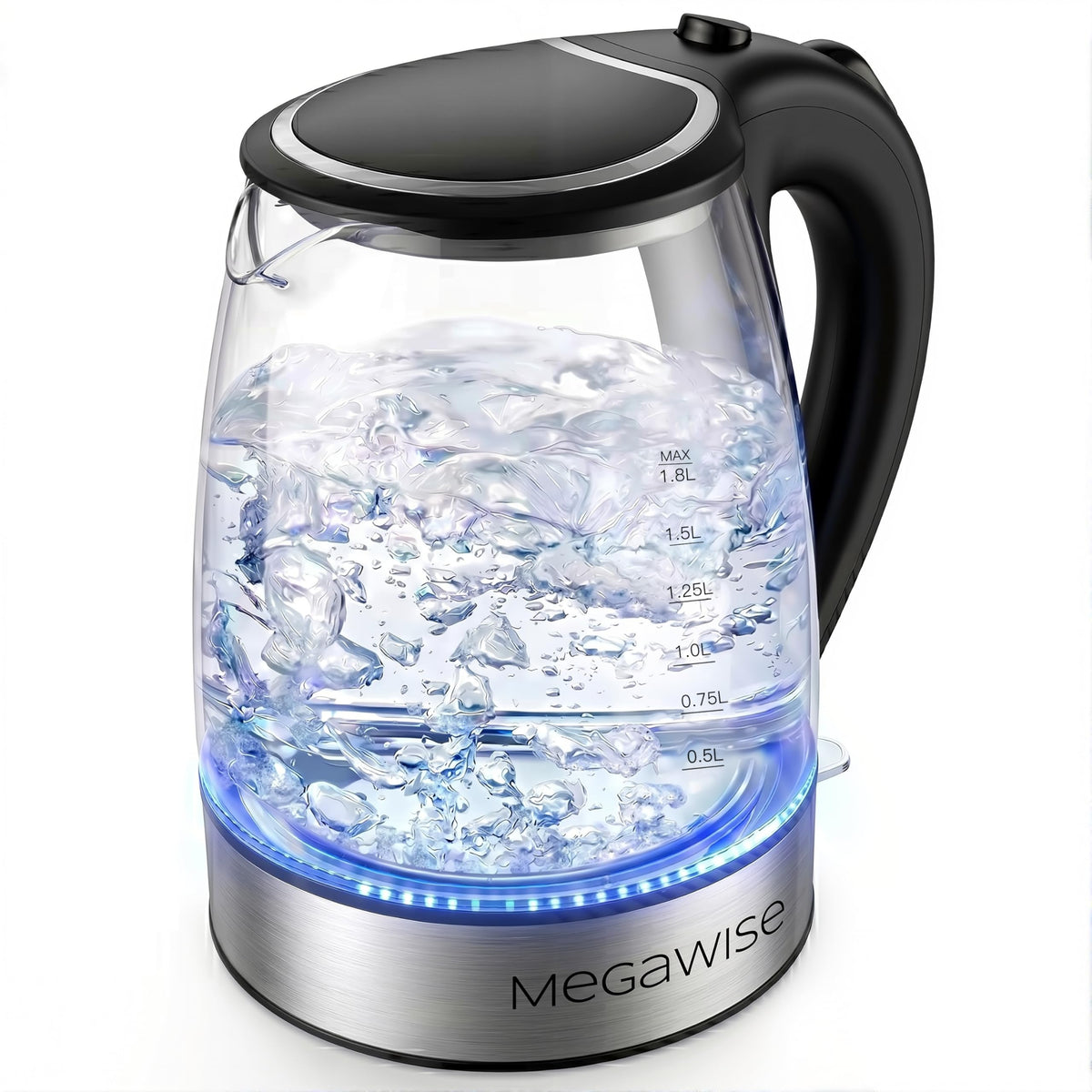 MEGAWISE electric kettle 1.8L capacity on counter for quick hot drinks.
