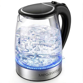 MEGAWISE electric kettle 1.8L capacity on counter for quick hot drinks.