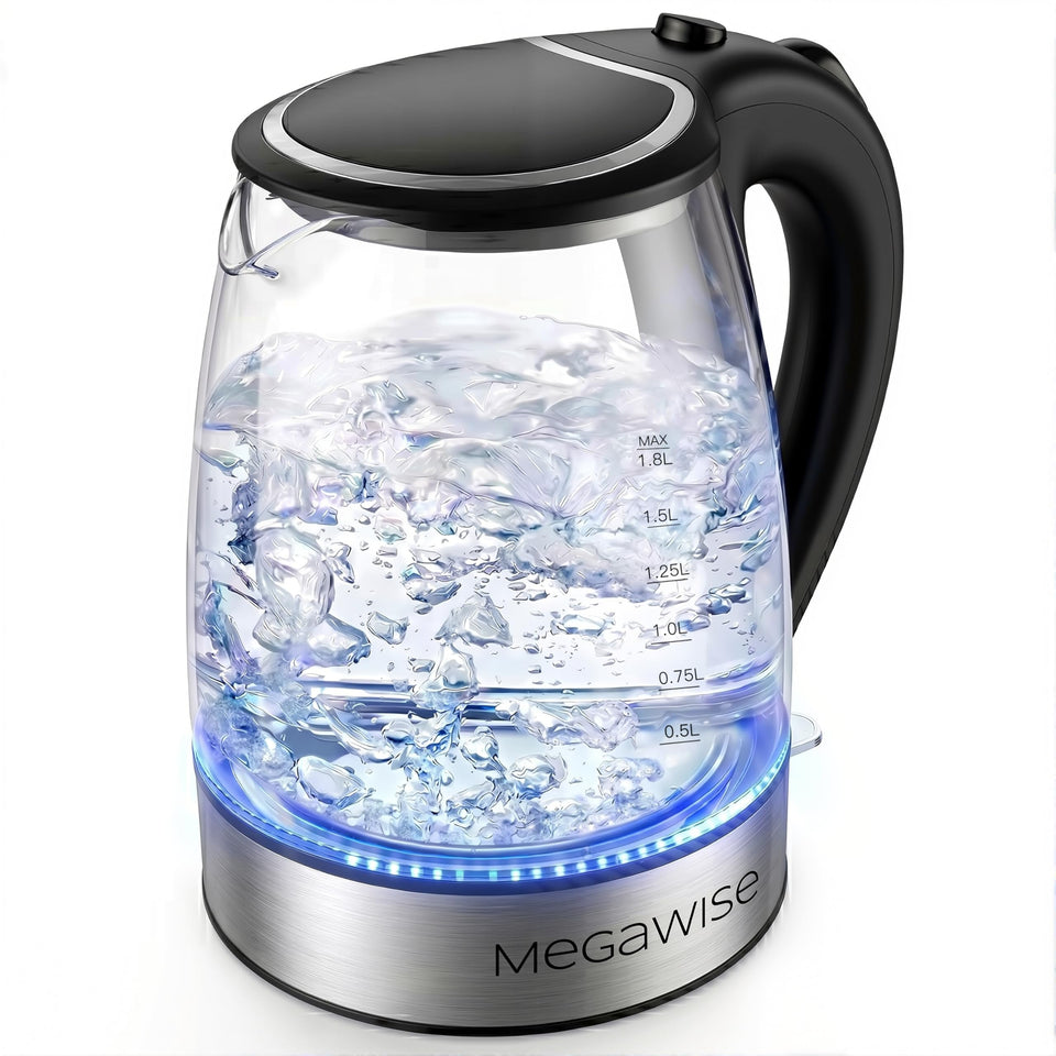 MEGAWISE electric kettle 1.8L capacity on counter for quick hot drinks.