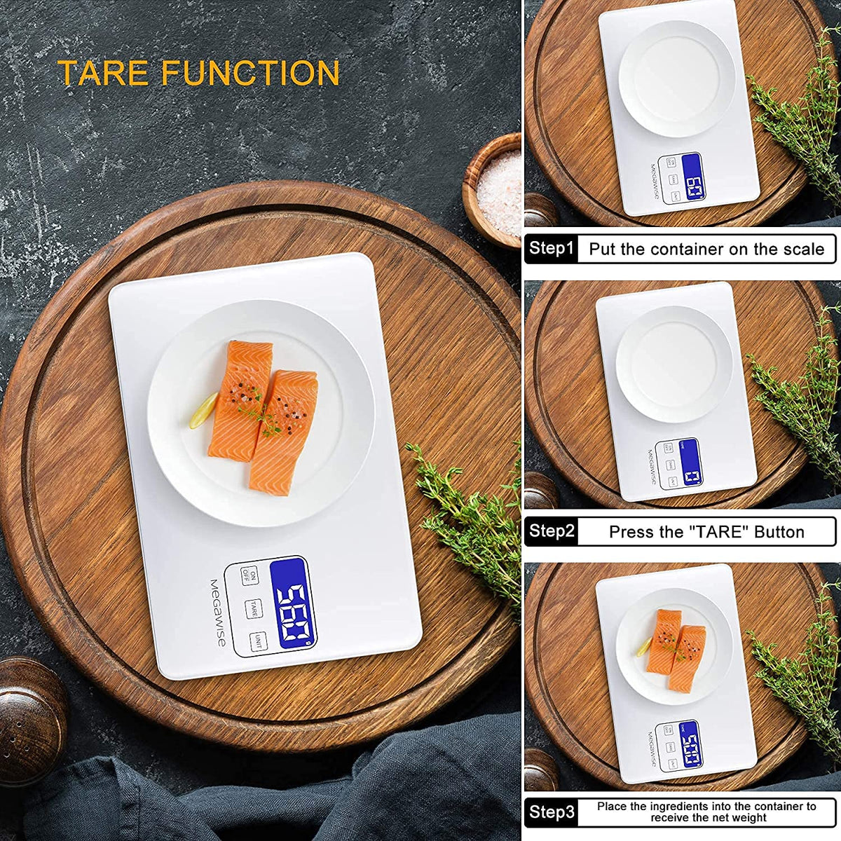 Megawise precision scale slim design fits a compact kitchen space.