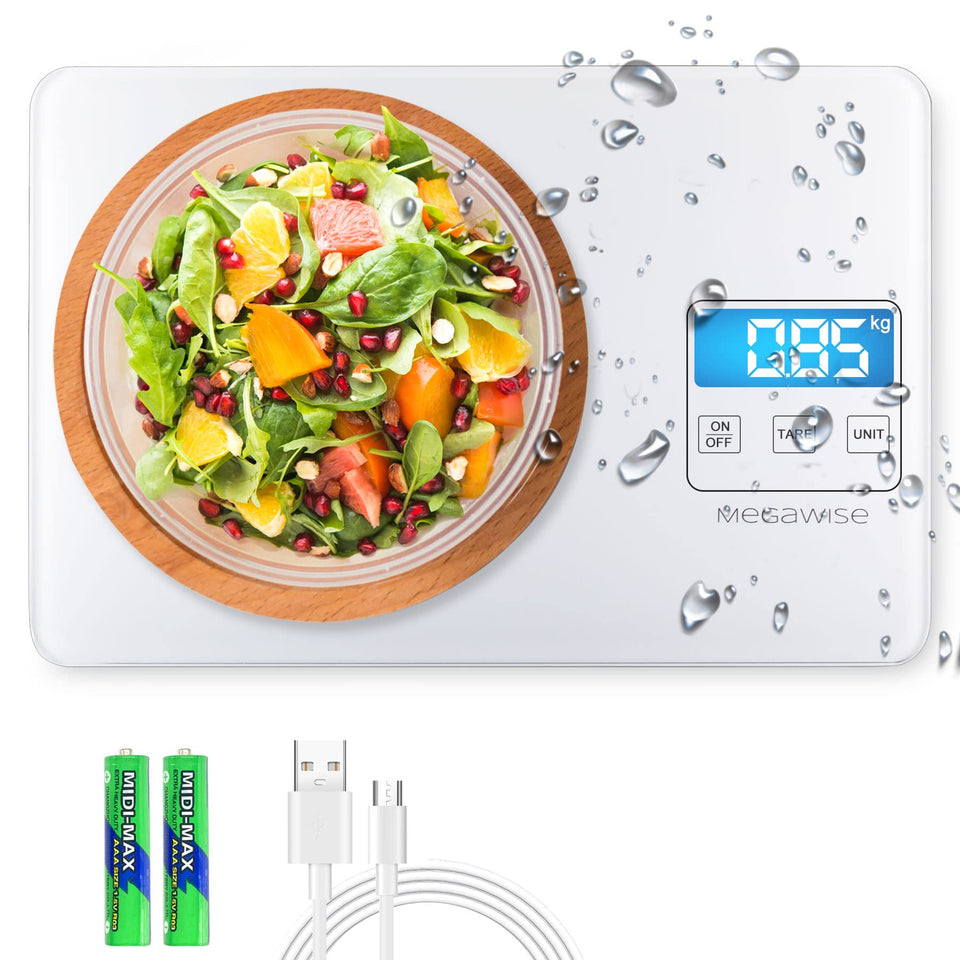Megawise precision scale top view with clear display for accurate cooking measurements.