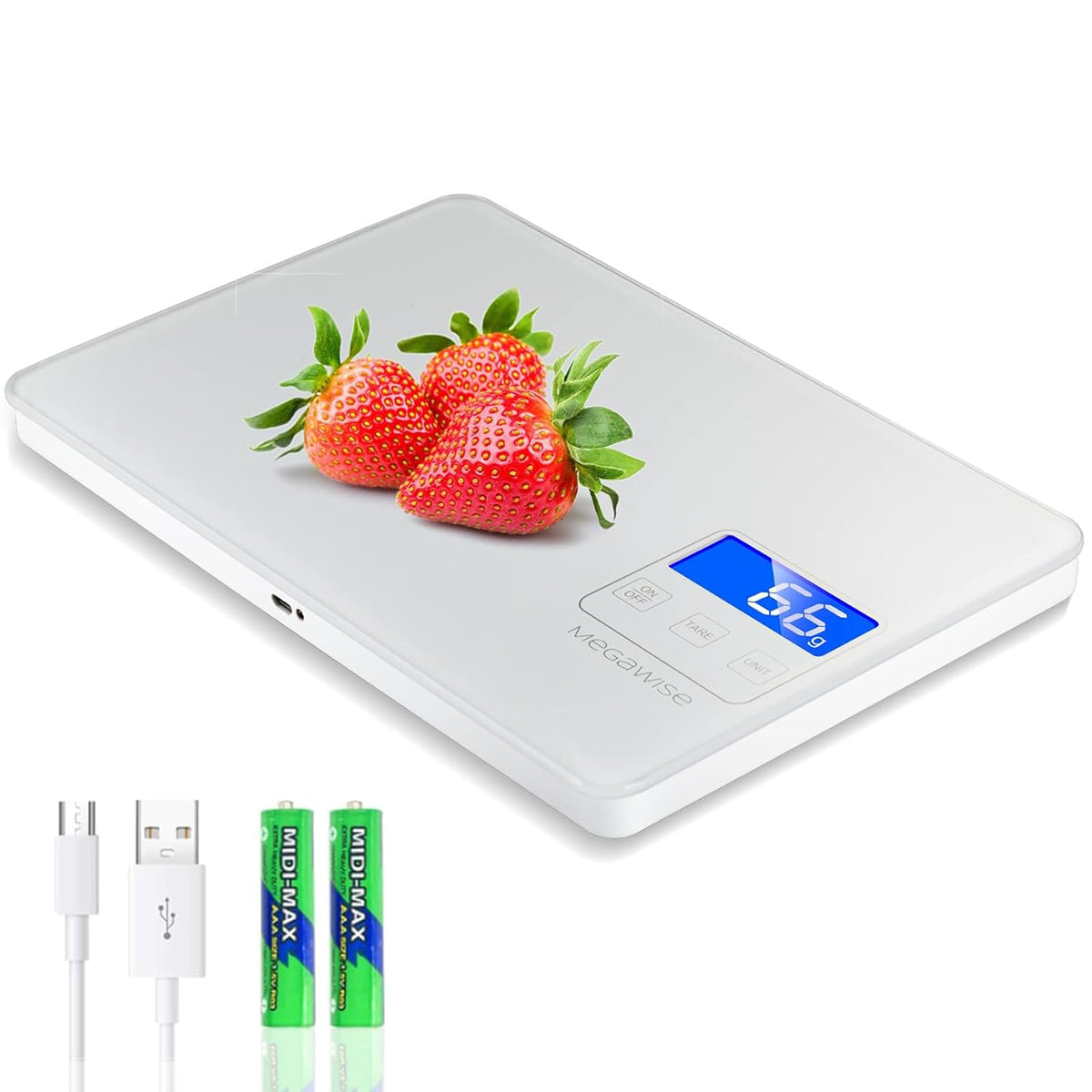 Megawise USB rechargeable design enables long-lasting power for daily kitchen use.