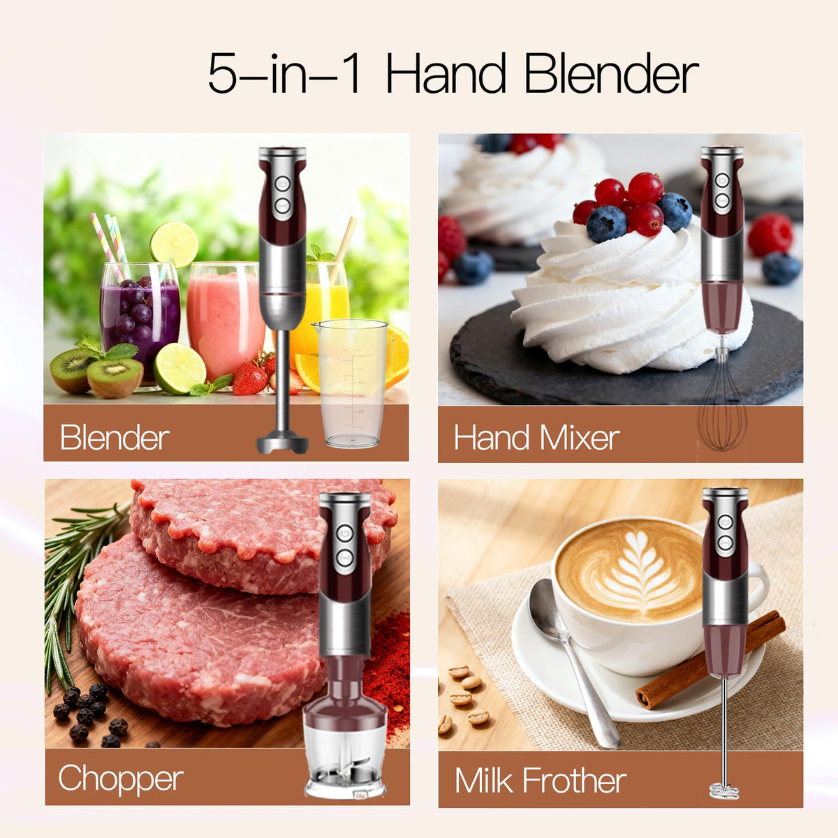 MegaWise Pro immersion blender with chopper and beaker attachments for easy meal prep.