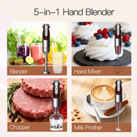 MegaWise Pro immersion blender with chopper and beaker attachments for easy meal prep.
