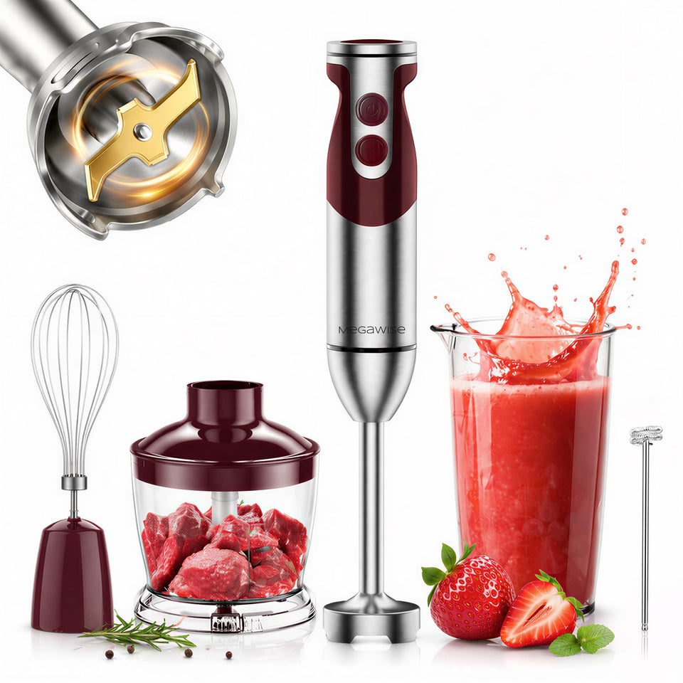 MegaWise Pro titanium 5-in-1 immersion blender shown with its versatile head for fast blending.