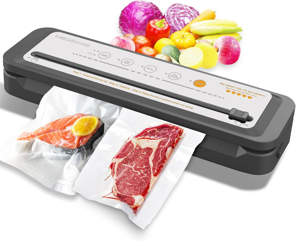 MEGAWISE vacuum sealer front view in silver highlighting compact design for easy storage.