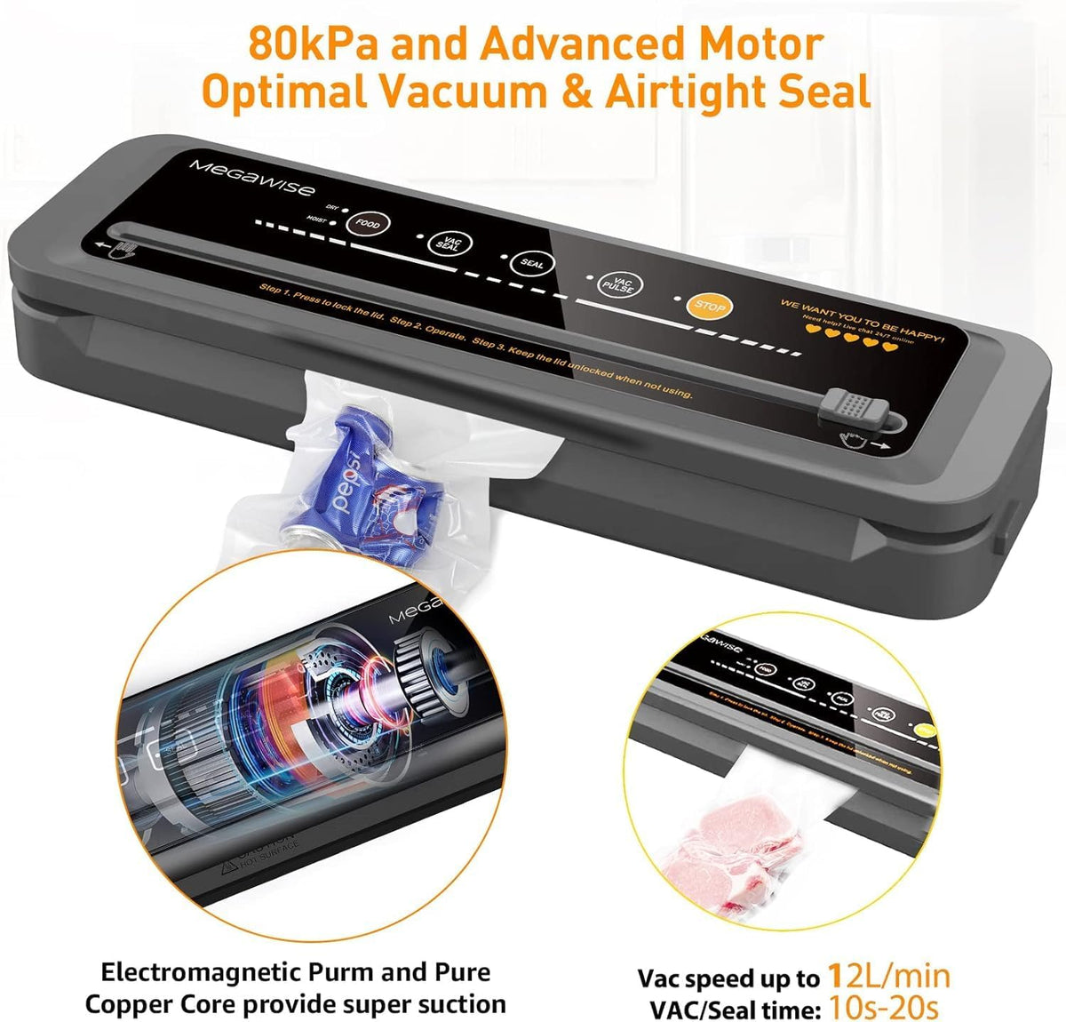 MEGAWISE vacuum sealer in action with one-touch automatic operation.