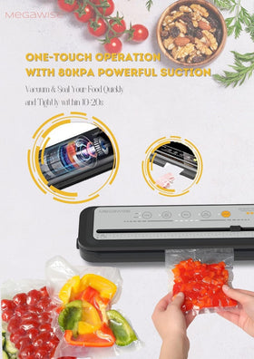 Megawise vacuum sealer with one-touch operation saves prep time.