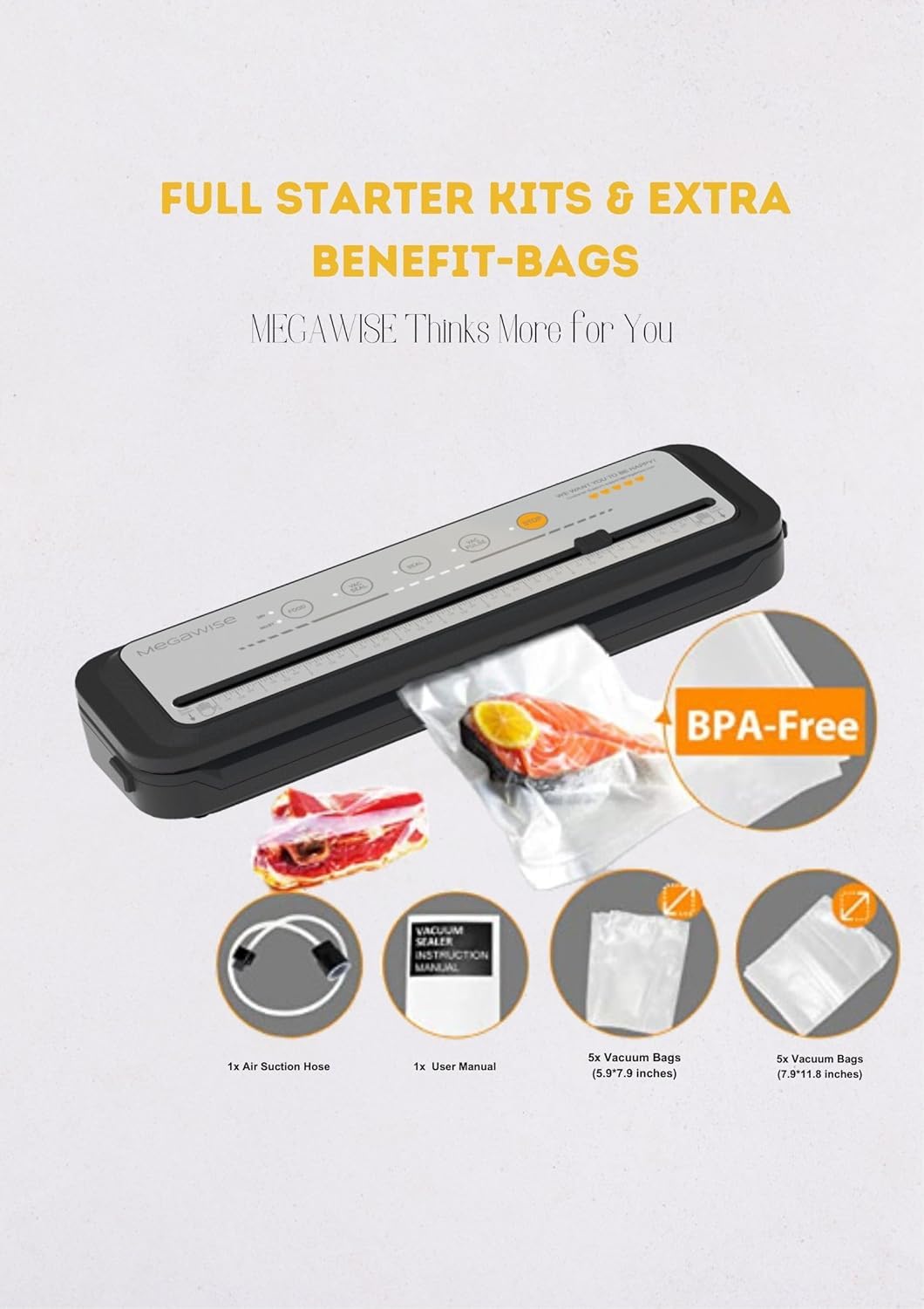 Megawise vacuum sealer seals in 10–20 seconds for quick meal prep.
