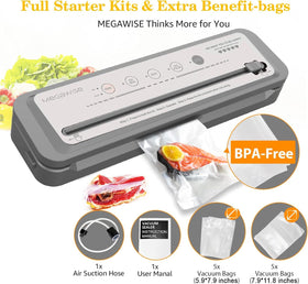 MEGAWISE vacuum sealer with starter bags included for immediate fresh-sealing.