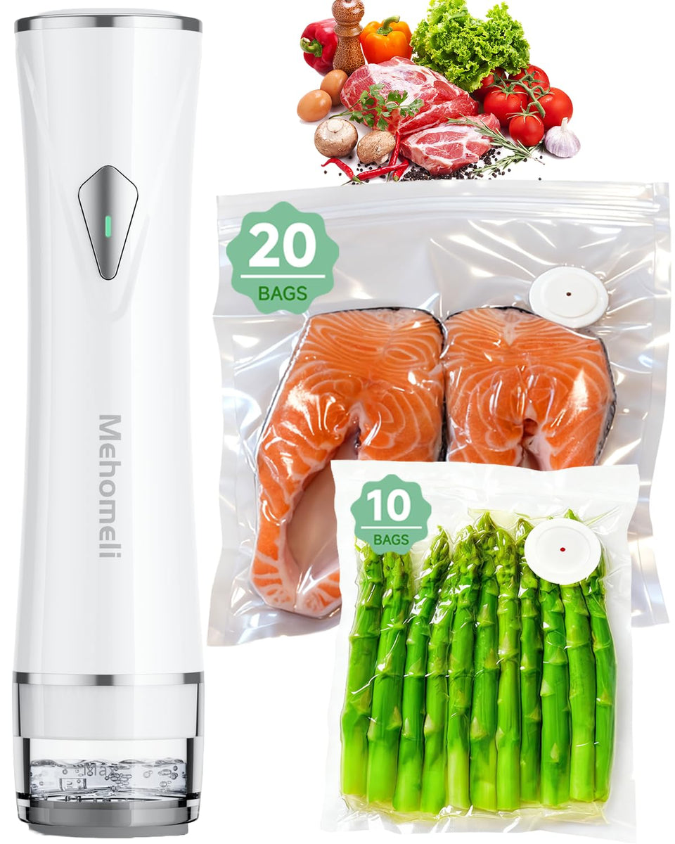 Mehomeli compact vacuum sealer in use sealing a bag to lock in freshness.