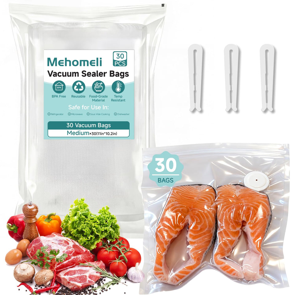 Mehomeli reusable vacuum bags in use with food to preserve freshness