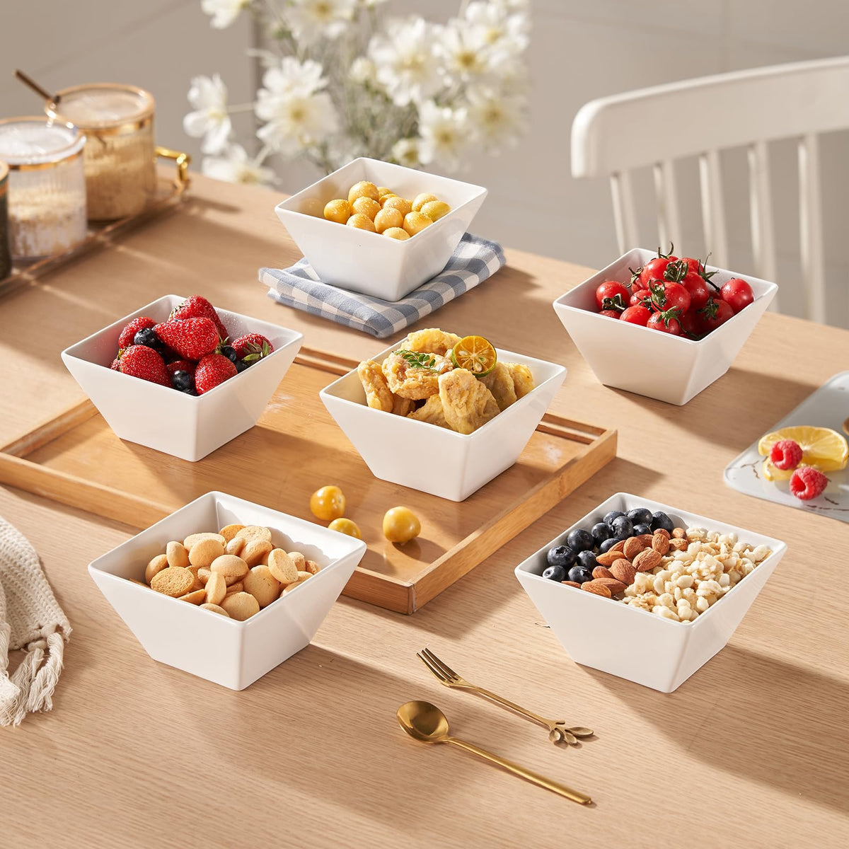 Meideal porcelain bowls highlight chip-resistant durability and white finish.