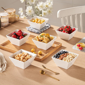 Meideal porcelain bowls highlight chip-resistant durability and white finish.